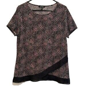 ROZ & ALI Top L Short Sleeve Black Pink Floral Layered Hem Tunic Blouse Stretch